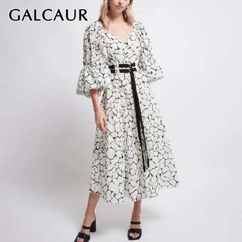 

GALCAUR Elegant Print Dress For Women V Neck Puff Sleeve High Waist With Sashes Ruffle Dresses Female 2020 Summer Fashion New