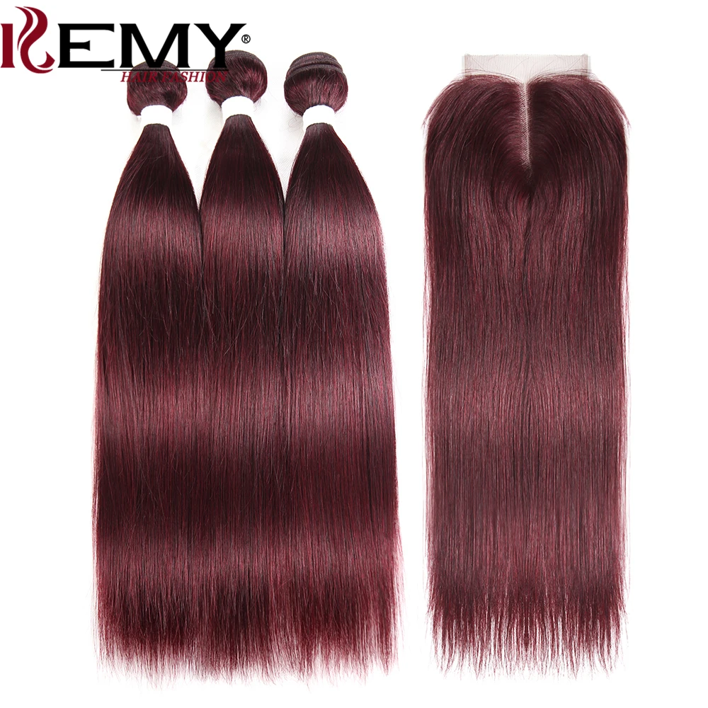 Feixes de Cabelo com Fechamento Brasileiro em Linha Pacotes com Fechamento Borgonha Reta Tecer Cabelo Humano 4x4 Não Remy 8-26 Polegada Kemy 99j - 7 Pacotes com 34 com fecho