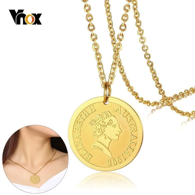 Vnox Elizabeth Australia 1998 Coin Necklaces for Women Trendy Gold Tone Stainless Steel Pendant with Adjustable Length Chain | Украшения и