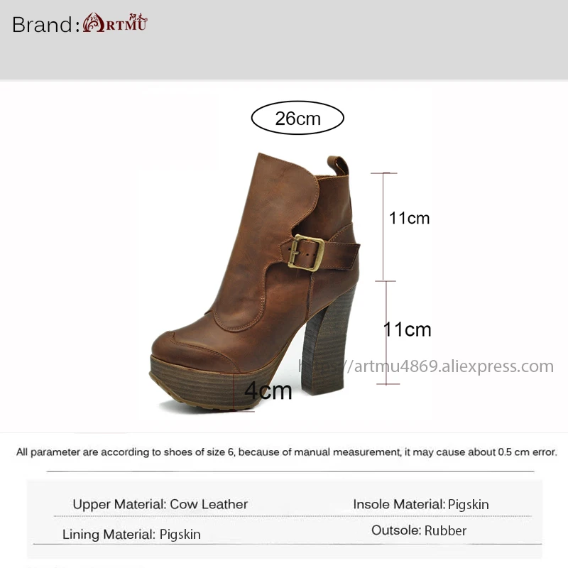 Artmu Original Women Boots 11 cm Super High Heel Pumps Genuine Leather Comfort Round Toe Buckle High Heels Boots Fashion Brown