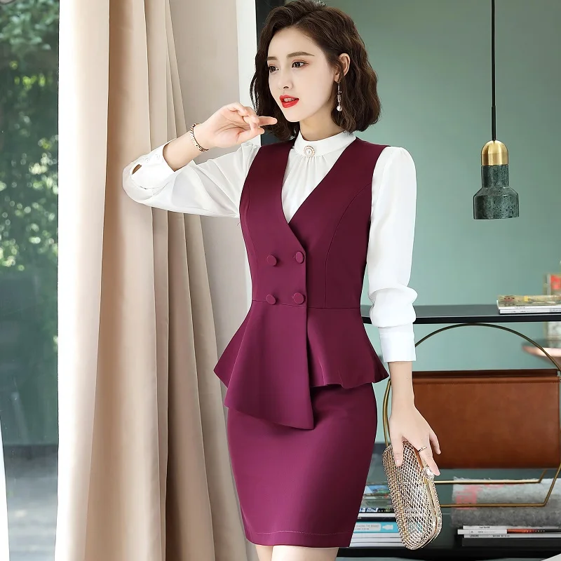 purple vest skirt Женские костюмы, тонкий летний жилет и юбка, комплект из 2 предметов, деловой женский костюм с юбкой, Женский комплект, костюмы A76 - Цвет: purple vest skirt
