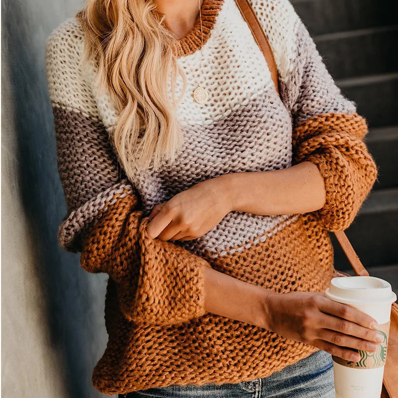 Women's Sweater Yellow Warm Thick Oversize Loose Crewneck Knitted Stripes Autumn Winter Woman Knitting Pullovers | Женская одежда