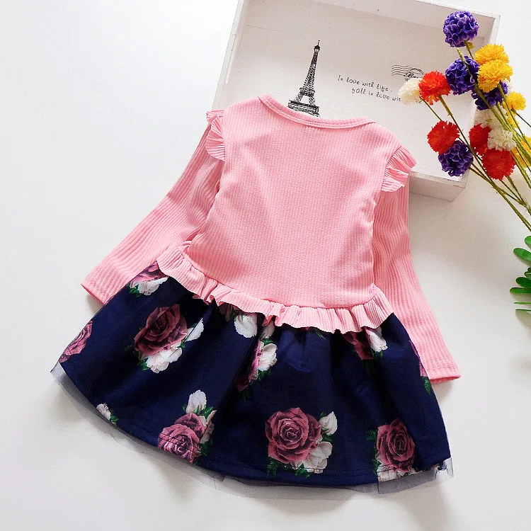 Весенне-осеннее платье для маленьких девочек; Хлопковое платье с длинными рукавами для малышей; Детские Платья с цветочным принтом и бантом для девочек; Модная одежда для девочек