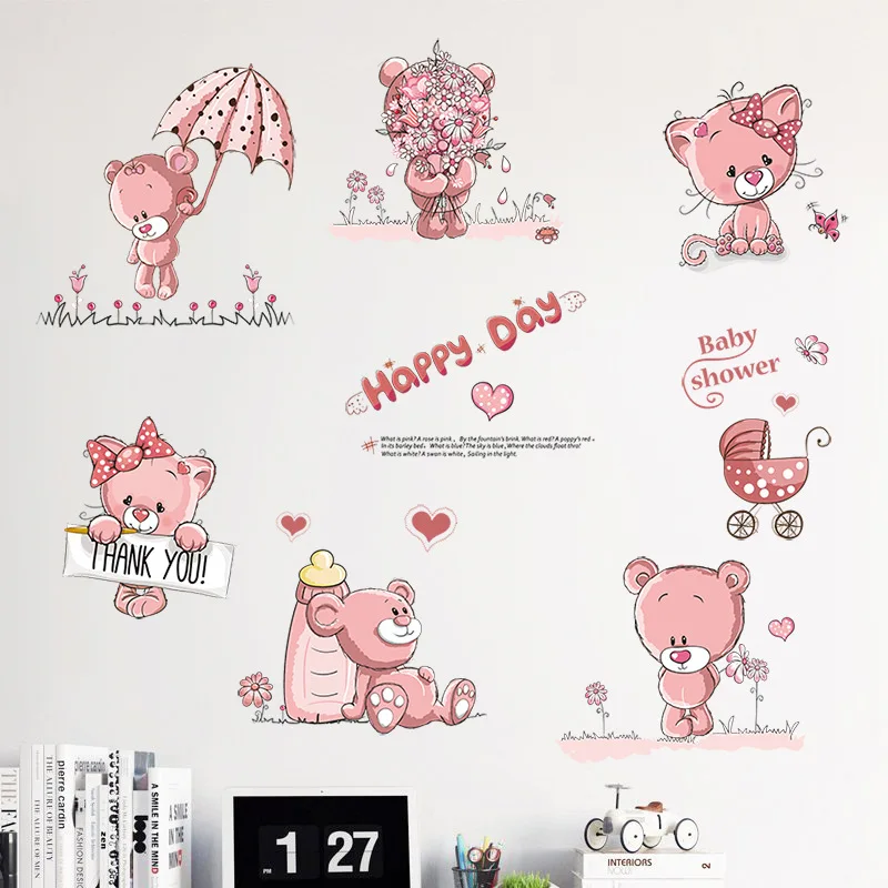 

Cartoon Animal Happy Pink Bears Wall Stickers for Kids Room Home Decor Waterproof Living Room Bedroom Removable Art Decals Mural