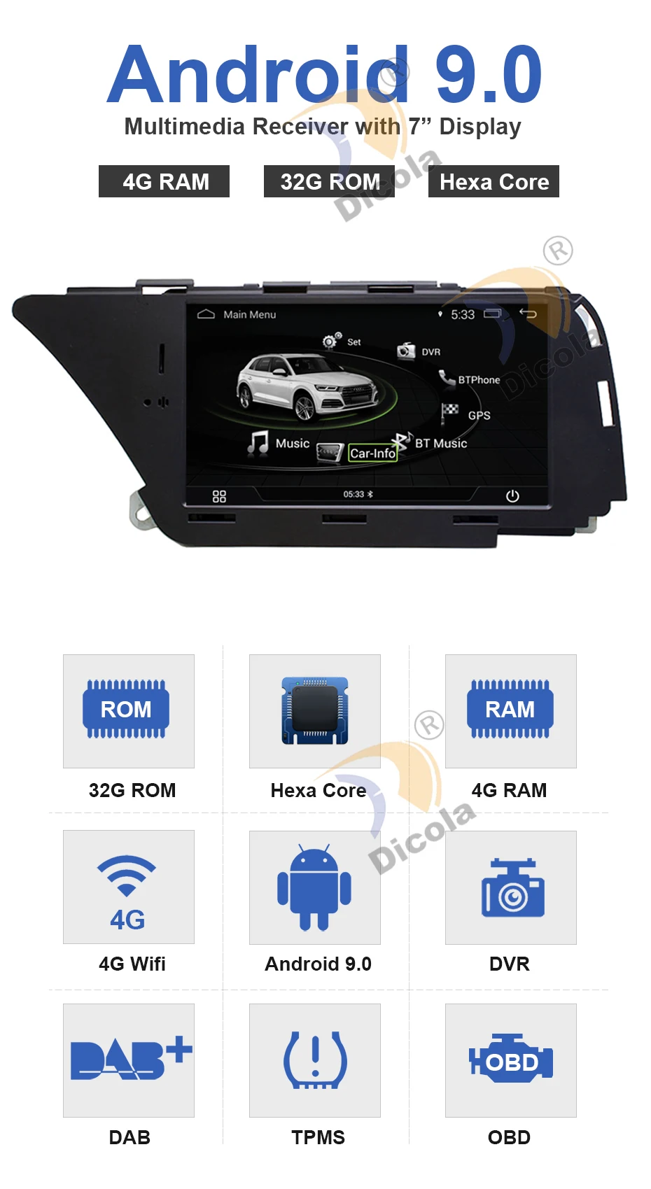 Perfect 7" PX6 4+32G Hera Core Android 9 Car Multimedia Player For AUDI A4 (2008-2016 B8) Q5(2010-2016) Bluetooth gps navigation Wifi 4G 4