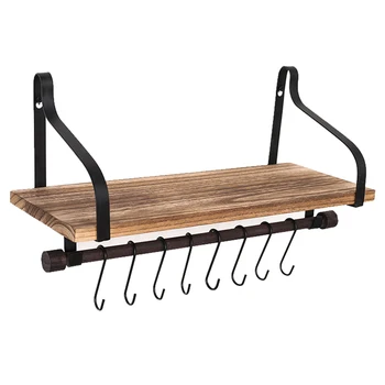 

Floating Shelf Wall Mounted Decorative Wood Storage Shelf with 8 Hooks Towel Bar for Kitchen Bathroom Bedroom Living Room Office