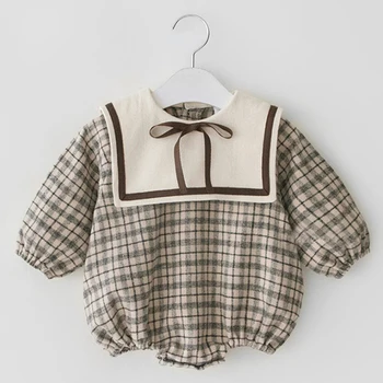 

2020 New Spring Newborn Baby Girl Cotton Bodysuits Plaid Long-sleeved Leotard Toddler Baby Climbing Clothes Bodysuit Navy Wind