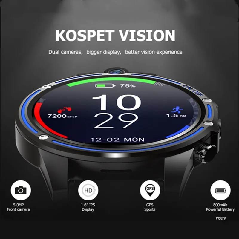 Dual Camera Smart Watch Android Phone 1.6 Inch 800Mah Battery GPS Maps Google Play Store Sports Smartwatch Man