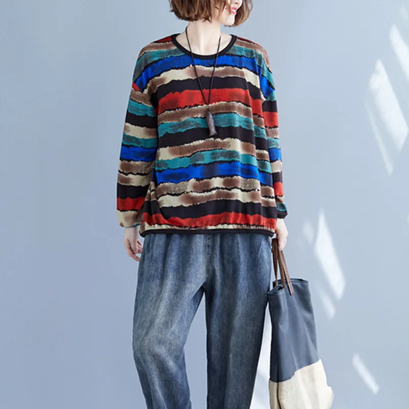 

Multicolor Striped Bottoming Hoodies Sweatshirt Womens Tops Loose Long-sleeved Autumn Casual Pullovers polerones mujer 2019 New