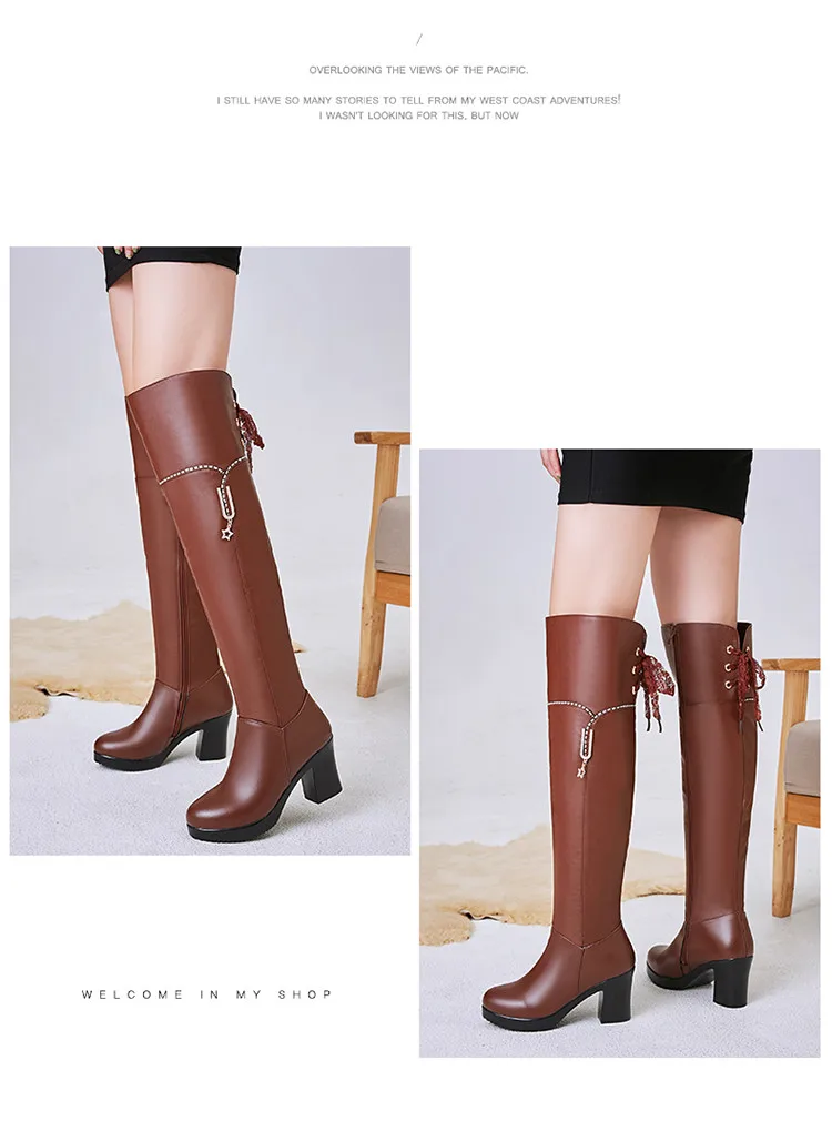 AIYUQI Womens Boots Thigh High Genuine Leather Rhinestone Platform High Heel Black Boots Women Winter Riding Boots
