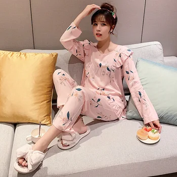 

New Korean Style Long-sleeved Trousers Sweet Home Service Suit for Ladies Spring and Autumn Thin Breathable Pajamas Dormir Tops