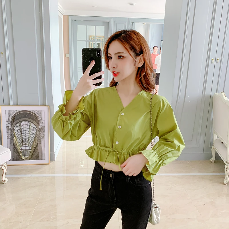 

COIGARSAM Casual Full Sleeve Shirt Womens tops New Spring Fashion Chiffon V-Neck Women shirts White Red Green 1896