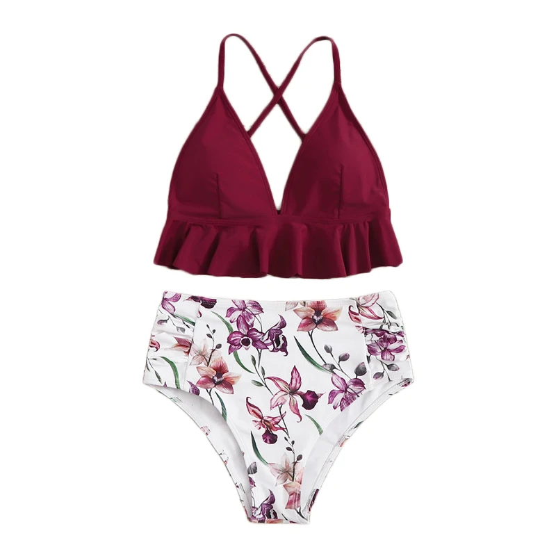 Romwe спортивный Топ бикини с рюшами и перекрещивающимися краями, комплект с цветочным принтом, трусики, купальник для женщин, летний купальный костюм, сексуальный купальник