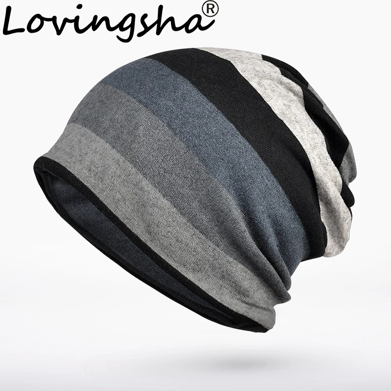 

LOVINGSHA Autumn Winter Skullies Beanies Stripe Design Dual-use Women Hats For Ladies Thin Girl Fashion Feminino Scarf HT185