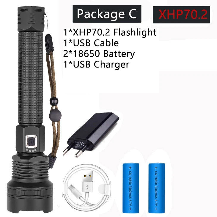 Package C Супер яркий тактический Водонепроницаемый фонарь, XHP50 и XHP70.2 светильник-вспышка с 4 режимами, светильник для кемпинга, аккумулятор 16850 - Испускаемый цвет: Package C