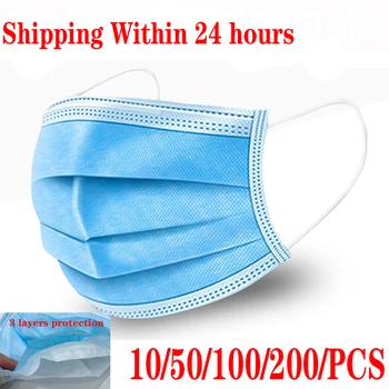 

10/200PCS Blue Mask 50pcs Disposable Non Woven Textile Facial Mask 3 Layers Face Mask With Facial Elastic Masks