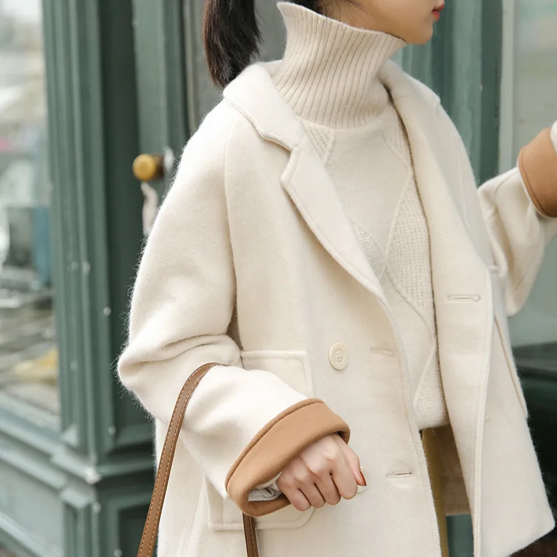 autumn winter Vintage lapel double breasted Wool coat Female loose Woolen coat Keep warm Solid color Woolen jacket FCW077 - Цвет: apricot