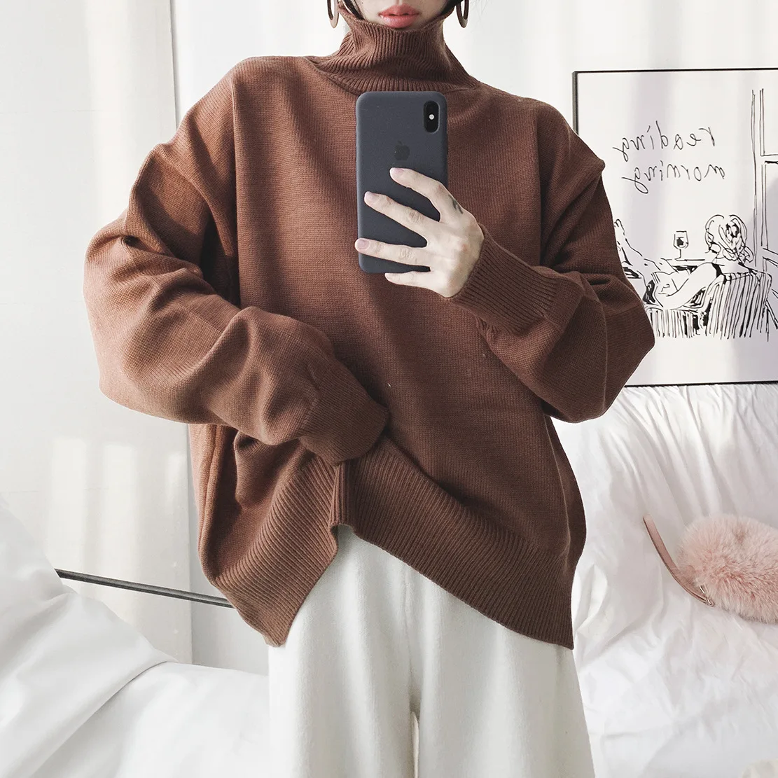 

Winter Women's Casual Oversize Jumper Shirt Turtleneck OL Commute White Jumper Fashion Bottoming Sweater
