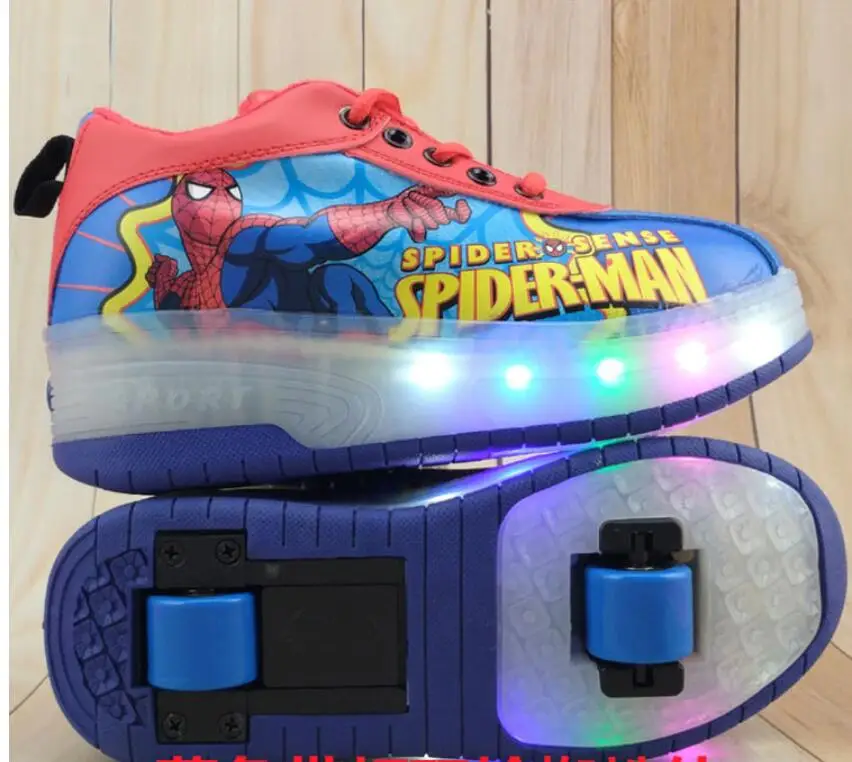 Elsa Spiderman светодиодный кроссовки для детей, девочек и мальчиков, 2 колеса, кроссовки, обувь, весна-осень, Детский Светильник для катания на коньках