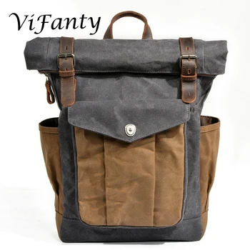 

Waxed Canvas Backpack, Fintie Water Proof Roll Top Travel Hiking Rucksack Leather Daypack for School Work Men Women
