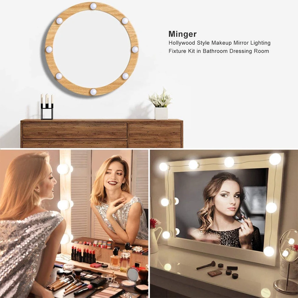 10LED LED Makeup Mirror Light Bulb Hollywood Vanity Lights Stepless Dimmable Wall Lamp Bulbs Kit for Dressing Table