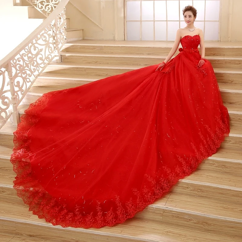 

Cheap 2019 Long Train Wedding Dress White Red Lace Appliqued Plus Size vestidos de novia Bridal Gowns Custom Made