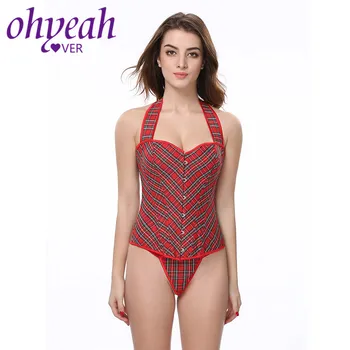 

Ohyeahlover Plaid Corset Red Halter High Quality Sexy Corset Lingerie 2 Pieces Women Waist Trainers Butt Shaper Lifter AL2716