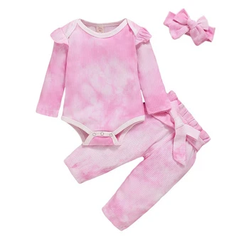 

Autumn Baby Boys Girls Clothing Newborn Tie-Dye Print Round Neck Long Sleeve Baby Romper Trousers Headband 3pcs Outfits Hot