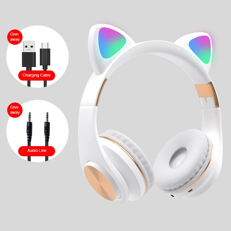 Cute Cat Ears LED Flashing Headphones Bluetooth 5 0 Young People Kids Headset Support TF Card 3 5mm Plug With Mic FM