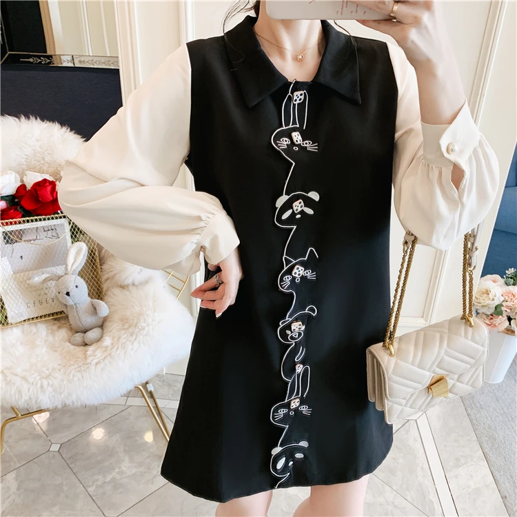 L-4XL размера плюс женское платье Kawaii осень Мода фонарь длинный рукав пэтчворк милый мультфильм Вышивка повседневные платья