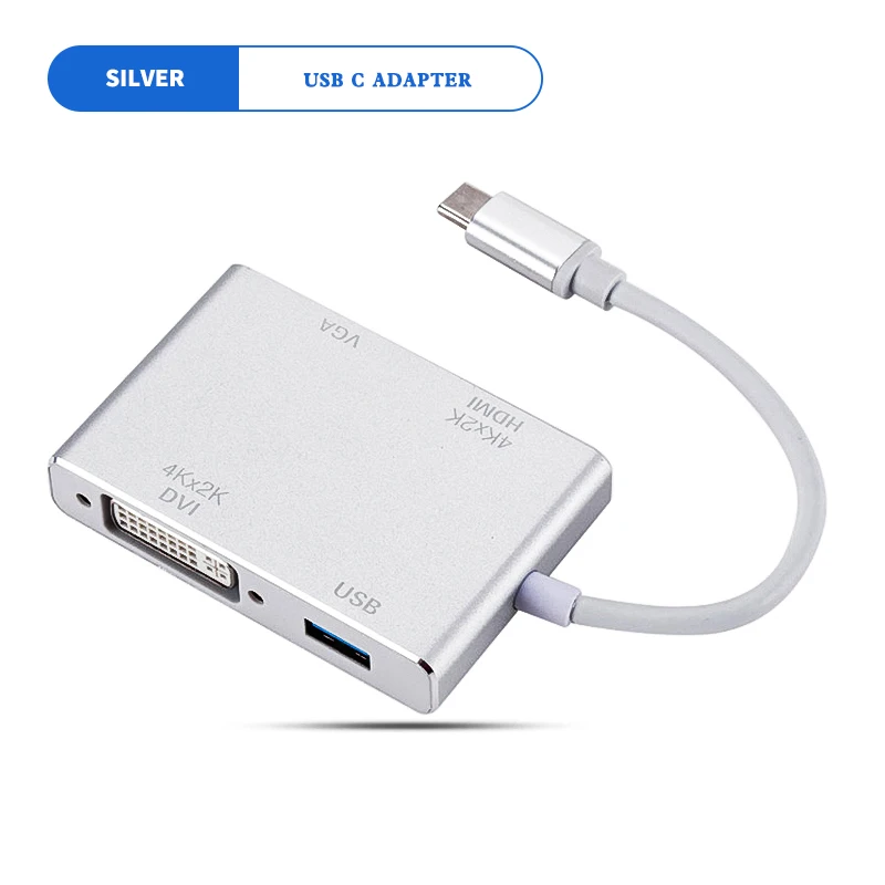 Адаптер Asunflower USB C на HDMI, VGA, DVI, USB C, концентратор на 4K x 2 K, HDMI, DVI, 108 P, VGA, USB 3,0, для ноутбука MacBook, конвертер, USB C, адаптер - Цвет: Silver