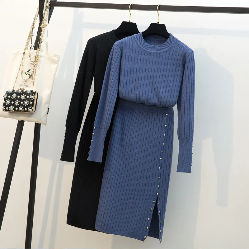 

CWBshowGG New Large Size Women's Autumn Knit Two-Piece Set Long-Sleeved Sweater Top + Rivet Split Bodycon Skirt Two-Piece Set