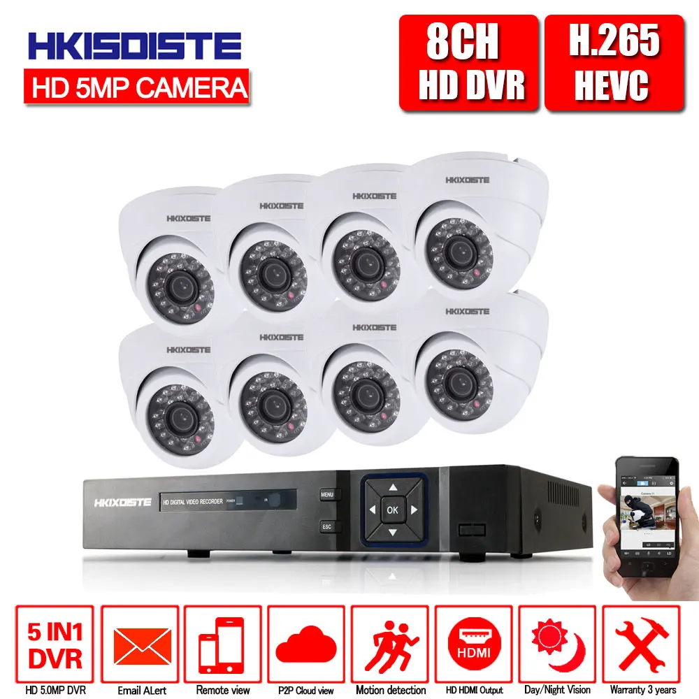 Белый 5 мегапикселей 8CH AHD DVR H.265 Внешняя камера для видеонаблюдения HD CCTV Камера система DVR Kit IP комплект камер безопасности Камера Системы P2P приложение просмотра - Цвет: Белый