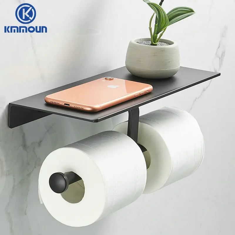 Black / Silver Paper Holder Bathroom Accessories Cellphone Rack Toilet Paper Shelf Space Aluminum Material