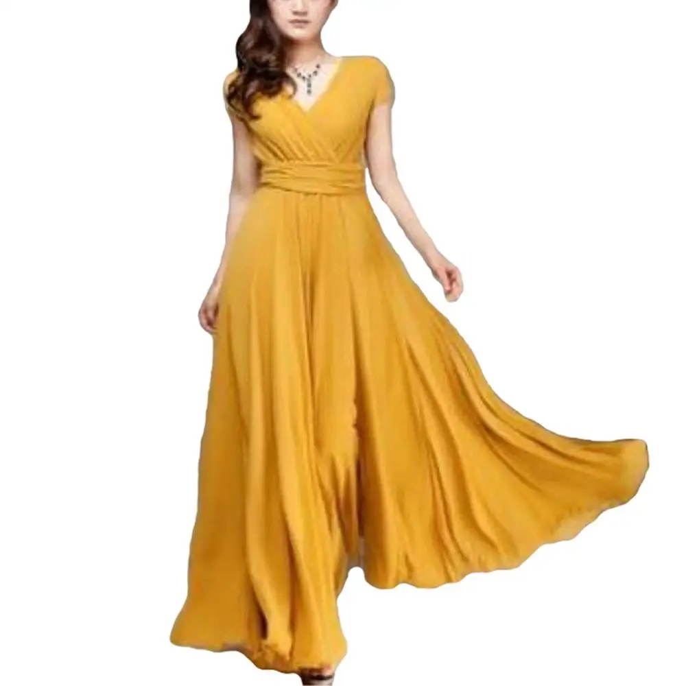 Женское длинное шифоновое платье, летнее пляжное макси платье с оборками и коротким рукавом, Повседневное платье с v-образным вырезом, Сексуальные вечерние платья, женское платье - Цвет: Цвет: желтый