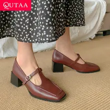 QUTAA 2021 Spring Autumn Square Toe Retro Women Pumps Genuine Leather Square High Heels T-strap Buckle Ladies Shoes Size 34-39