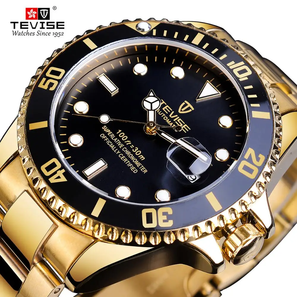 

TEVISE Golden Stainless Steel Calendar Display Business Black Bezel Mens Automatic Mechanical Sport Wrist Watch Top Brand Luxury