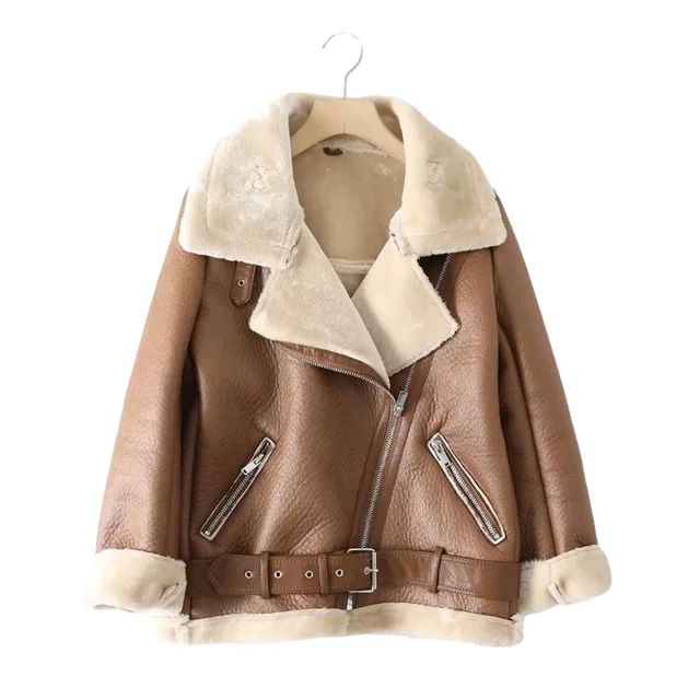 Za Fur Long Sleeved Loose Belt Warm Women's Jacket Lamb Wool Winter Thickened Locomotive Lapel Female Coat Beige Black Chic PU Khaki