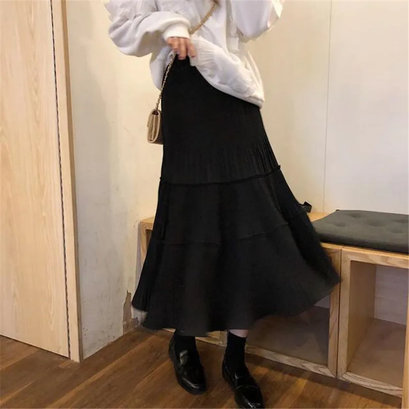 Black Apricot Ruffles Pleated Skirt Women Korean Harajuku Autumn Spring Streetwear Long Skirt Elegant Faldas Mujer Moda