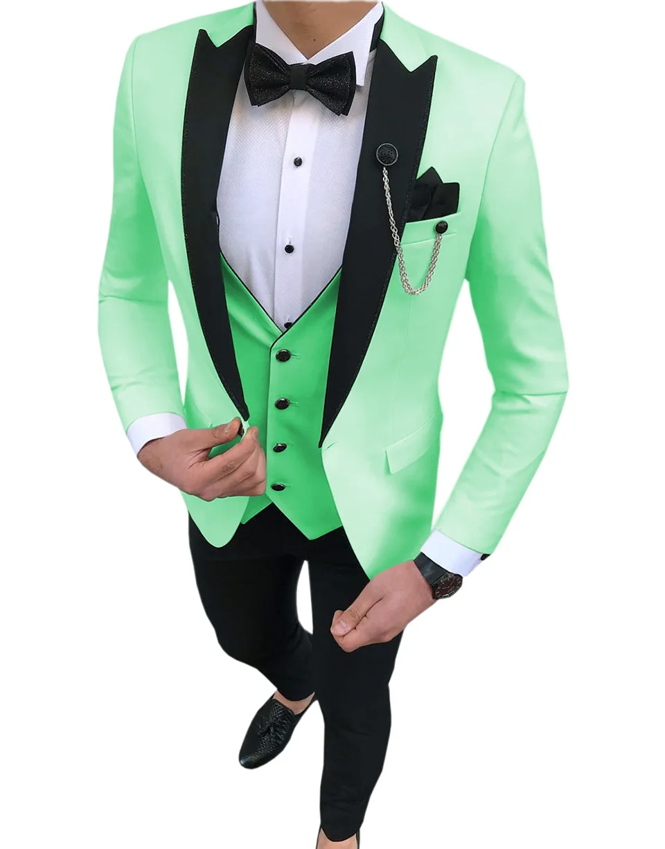 Mint green Мужские костюмы из 3 предметов, облегающий повседневный мужской костюм с отворотом белого цвета слоновой кости, деловой смокинг для торжественных свадеб(Блейзер+ брюки+ жилет - Цвет: Mint green