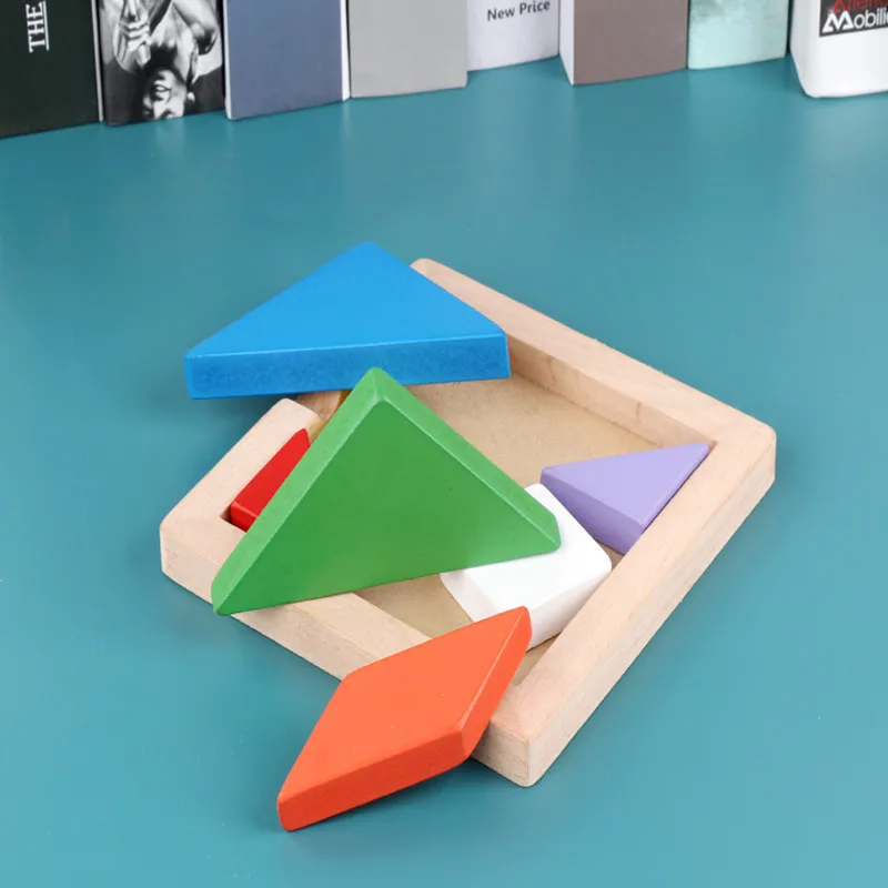High quality 14x14x1.3CM large wooden beech thickened tangram children's educational early childhood puzzle toy