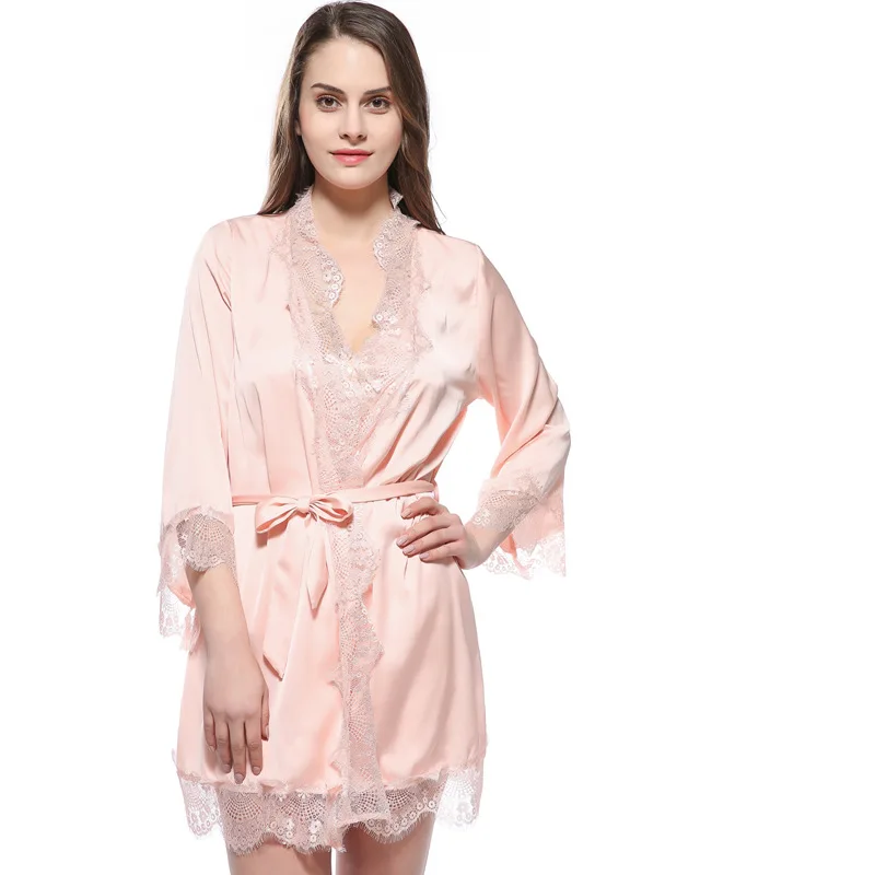 Женская сексуальная пижама + банный халат, комплект из двух предметов, шелковая ночная рубашка с банным халатом, женский кружевной атласный