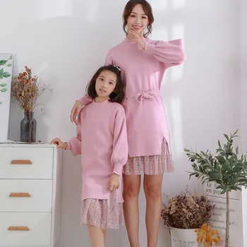 

Mother Daughter Lace Sweater Dresses Look Same Clothing Mommy and Me Mom Daughter Dress Women Kids Party Elegant Outfits Family