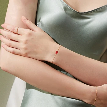 

Bohemian Women's 925 Silver Bracelet Red Heart Pendant Bracelet 24k Gold Chain 17.5cm Length Fine Jewelry Thanksgiving gift