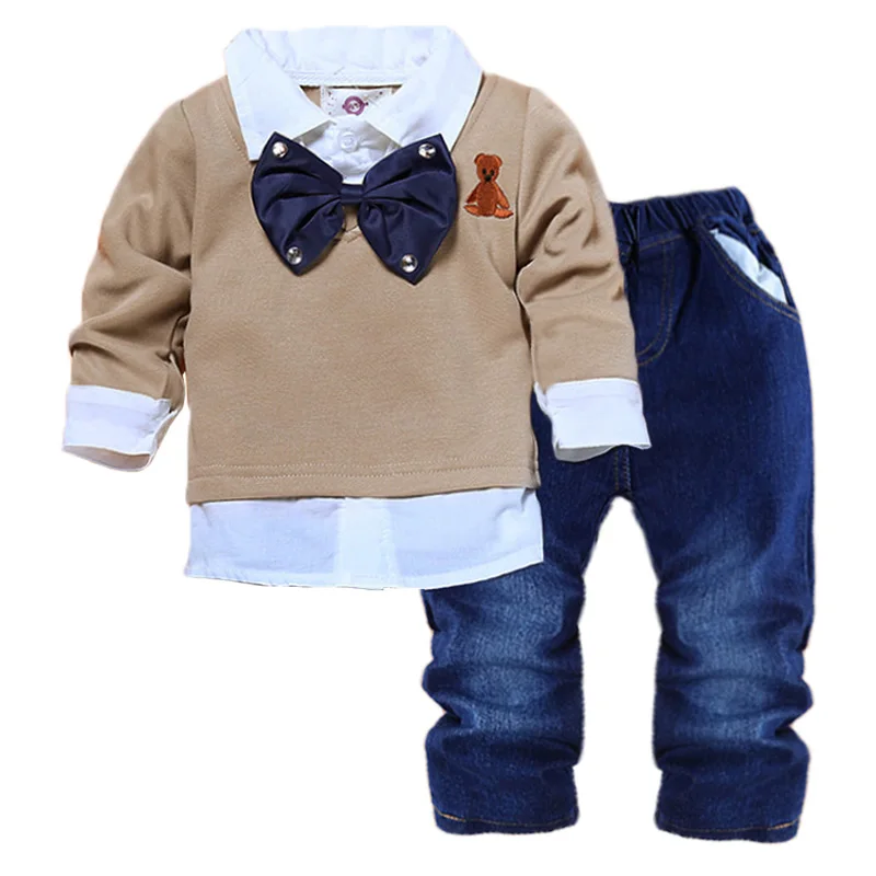 2019 Осенняя детская одежда для маленьких мальчиков футболка + джинсы комплект из 2