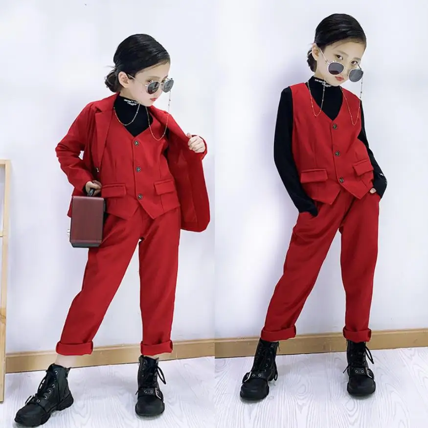 Baby girls red blazers 3 pcs sets 2019 spring autumn new long sleeve coats + vest pants suits for children teenage ws1065 | Детская