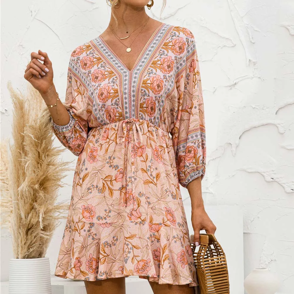 PROD 1005002746173868 Summer Floral Print Boho Dress Women V Neck
Sashes Lace Up Three Quarter Casual Folk-custom Ethnic 2021 Beach
Holiday Dresses