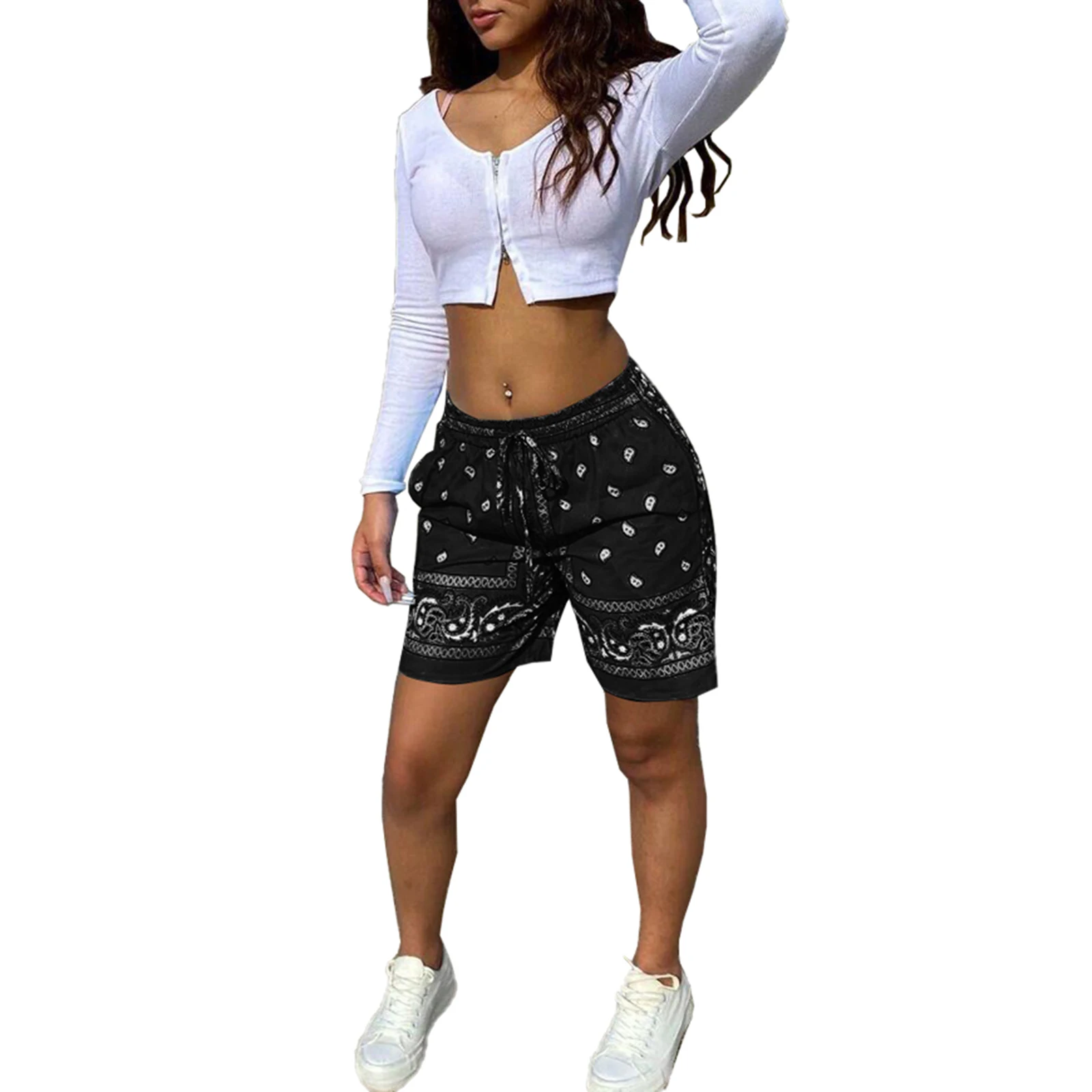 new hooters shorts Women Cashew Printing Stretch short Pants Tight High Waist Hip Hop Style Shorts Casual Loose Lace-up Clothing nike pro shorts