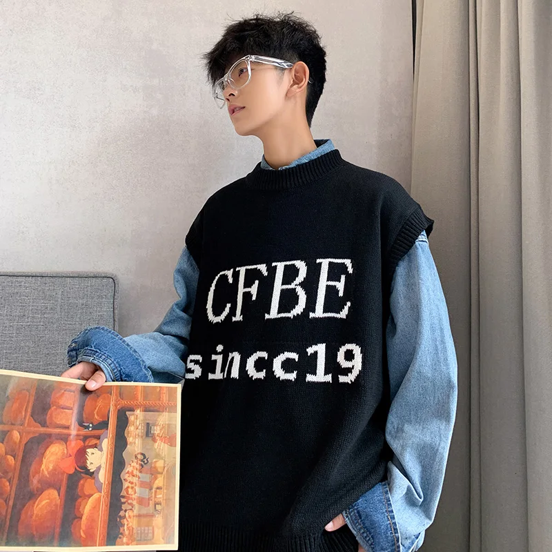 M-2XL!Autumn and winter tide sleeveless sweater men's sweater loose Korean version of the trend vest vest loose sweater male