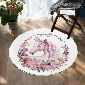 

BeddingOutlet Floral Unicorn Round Area Rug Cartoon Carpets for Living Room Animal Pink Floor Mat Flower Garland alfombra 150cm